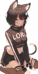 Rule 34 | 1girl, :3, absurdres, animal ear fluff, animal ears, between legs, black choker, black hair, black skirt, blue eyes, blush, breasts, brown legwear, cat ears, cat girl, cat tail, choker, clothes writing, commentary request, commission, crop top, feet out of frame, fingerless gloves, food-themed hair ornament, gloves, groin, hair ornament, hand between legs, highres, jun (aousa0328), kneehighs, long sleeves, looking at viewer, medium breasts, medium hair, midriff, miniskirt, navel, pleated skirt, shoes, simple background, sitting, skeb commission, skirt, smile, socks, solo, sweetheat vr, tail, thighhighs, vrchat, wariza, white background, white footwear, zettai ryouiki