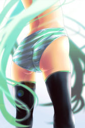 Rule 34 | 1girl, aqua hair, ass, black thighhighs, from behind, from below, hatsune miku, lens flare, long hair, no pants, panties, solo, striped clothes, striped panties, tanashi (mk2), thighhighs, underwear, very long hair, vocaloid