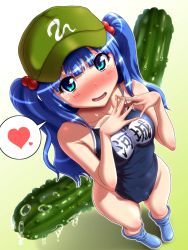 Rule 34 | 1girl, blue eyes, blush, boots, commentary request, cucumber, drooling, from above, heart, highres, kawashiro nitori, kezune (i- -i), one-piece swimsuit, school swimsuit, solo, spoken heart, swimsuit, touhou, water