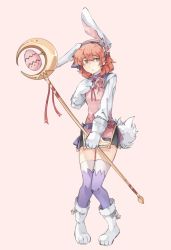 Rule 34 | 1girl, alternate costume, animal ears, animal hands, boots, curly hair, easter egg, egg, fake animal ears, fake tail, fire emblem, fire emblem echoes: shadows of valentia, fire emblem heroes, flower, full body, genny (fire emblem), gloves, gradient background, hair flower, hair ornament, hairband, highres, holding, holding staff, knees together feet apart, long sleeves, nintendo, parted lips, paw shoes, pink background, pink eyes, pink hair, purple thighhighs, rabbit ears, rabbit tail, simple background, solo, staff, standing, tail, thighhighs, white gloves, zyuno0