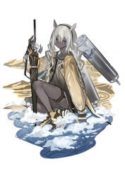 Rule 34 | 1girl, animal ears, arknights, black footwear, brown shirt, commentary, dark-skinned female, dark skin, drill hair, echj, full body, grey hair, hair between eyes, highres, holding, holding umbrella, jacket, knee up, long hair, looking at viewer, open clothes, open jacket, purple eyes, shirt, shoes, simple background, sitting, solo, thigh strap, tuye (arknights), twin drills, umbrella, white background, yellow jacket, zebra ears