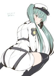 Rule 34 | 1girl, artist name, ass, belt, black belt, black footwear, boots, dated, epaulettes, full body, goddess of victory: nikke, green hair, hat, highres, long hair, long sleeves, looking at viewer, looking back, military, military uniform, open mouth, peaked cap, privaty (nikke), shirt, signature, simple background, solo, taira yuuki, thigh boots, twintails, uniform, white background, white shirt, yellow eyes