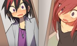 Rule 34 | 1boy, 1girl, black hair, blush, earrings, embarrassed, fang, hair over one eye, highres, jewelry, looking at viewer, multicolored hair, necklace, ootorii bisetsu, open mouth, original, red hair, safety pin, surprised, tomboy, trap, wide-eyed