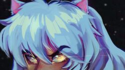 Rule 34 | 1boy, androgynous, animal ears, astronym, close-up, commentary, dog boy, dog ears, english commentary, eye focus, glowing, glowing eyes, highres, inuyasha, inuyasha (character), long hair, looking at viewer, male focus, solo, white hair, yellow eyes