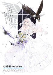 Rule 34 | 1girl, absurdres, aircraft, airplane, animal, azur lane, bird, bouquet, breasts, bridal veil, character name, cleavage, closed mouth, detached collar, dress, eagle, earrings, enterprise (azur lane), feather trim, flower, hao (patinnko), highres, holding, jewelry, lips, long dress, long hair, looking at viewer, medium breasts, official art, page number, purple eyes, scan, simple background, smile, veil, wedding dress, white dress, white hair