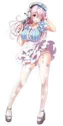 Rule 34 | 1girl, blush, breasts, cleavage, clog sandals, contrapposto, facing viewer, frills, full body, garter belt, garter straps, hair ribbon, headphones, highres, jewelry, large breasts, layered skirt, long hair, microphone, miniskirt, necklace, nitroplus, one eye closed, open mouth, panties, pantyshot, patterned legwear, pigeon-toed, pink eyes, pink hair, pink panties, print thighhighs, ribbon, skirt, smile, solo, standing, star (symbol), star print, striped clothes, striped panties, super sonico, thighhighs, transparent background, underwear, upskirt, v-mag, vertical-striped clothes, vertical-striped panties, wind, wind lift