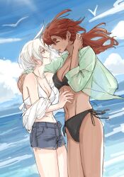 Rule 34 | 2girls, abs, bikini, bird, black bikini, blue sky, breasts, cleavage, closed eyes, cloud, cowboy shot, dark-skinned female, dark skin, day, deerwhisky, denim, denim shorts, dutch angle, female focus, green shirt, gundam, gundam suisei no majo, hand on another&#039;s shoulder, highres, jewelry, long hair, looking at another, medium breasts, miorine rembran, multiple girls, navel, ocean, open clothes, open shirt, outdoors, parted lips, red hair, ring, seagull, shirt, short hair, shorts, side-tie bikini bottom, sky, smile, stomach, suletta mercury, swimsuit, thick eyebrows, water, wedding ring, white bikini, white hair, wife and wife, yuri