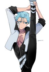 Rule 34 | &gt;:(, 1boy, arms up, belt, black jacket, black pants, bleach, bleach: sennen kessen-hen, blue eyes, blue hair, closed mouth, commentary request, cowboy shot, facial mark, facial scar, frown, grimmjow jaegerjaquez, hair between eyes, hands on own legs, highres, jacket, leg up, long sleeves, looking to the side, open clothes, open shirt, pants, partially unzipped, scar, scar on cheek, scar on face, shirt, short hair, simple background, sleeves rolled up, solo, split, twitter username, v-shaped eyebrows, white background, white belt, white shirt, yanono 015