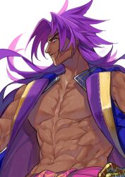 Rule 34 | 1boy, bare pectorals, bare shoulders, bhima (fate), dark-skinned male, dark skin, embroidery, fate/grand order, fate (series), gold trim, indian clothes, long hair, male focus, muscular, muscular male, pectorals, profile, purple hair, purple vest, rkp, simple background, smile, solo, upper body, very long hair, vest, white background