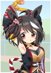 Rule 34 | 1girl, ahoge, animal ears, armpits, arms up, black shirt, black sleeves, blush, border, breasts, brown hair, brown shirt, cleavage, commentary request, detached sleeves, expressionless, floral print, flower, hair flower, hair ornament, hair ribbon, highres, horse ears, horse girl, kitasan black (umamusume), large breasts, lets0020, looking at viewer, medium bangs, medium hair, multicolored hair, open mouth, outside border, pink flower, print sleeves, railing, red eyes, red ribbon, ribbon, rope, shimenawa, shirt, sleeveless, sleeveless shirt, solo, two-tone hair, umamusume, upper body, white border, white hair