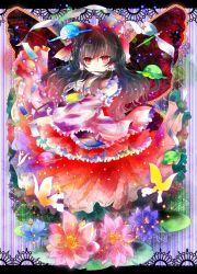 Rule 34 | 1girl, bad id, bad pixiv id, bow, brown hair, bug, butterfly, butterfly wings, colorful, female focus, flower, hair bow, hakurei reimu, insect, insect wings, kazu (muchuukai), long hair, lotus, red eyes, solo, touhou, wings