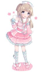 Rule 34 | 1girl, :d, ahoge, bad id, bad twitter id, blue socks, blunt bangs, brown hair, commentary request, detached sleeves, dress, full body, hat, heart, highres, holding, holding stethoscope, inactive account, long hair, looking at viewer, nurse cap, open mouth, pink dress, pink footwear, pink shirt, pretty series, pripara, purple eyes, shirt, shiyurinpu, shoes, simple background, smile, socks, solo, standing, stethoscope, tsukikawa chili, tsukikawa chili (normal), two side up, white background