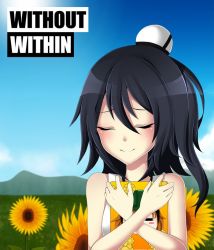 Rule 34 | 1girl, artist request, black hair, copyright name, closed eyes, flower, official art, smile, solo, sunflower, vinty, without within