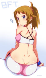 Rule 34 | 10s, 1girl, ?, ass, bare shoulders, bike shorts, blue eyes, breasts, brown hair, butt crack, from behind, gundam, gundam build fighters, gundam build fighters try, highres, hoshino fumina, looking at viewer, looking back, mudou eichi, ponytail, sideboob, sitting, solo, sports bra, twitter username, two-tone sports bra