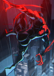 Rule 34 | 1boy, arm blade, artist name, ass, black bodysuit, bodysuit, building, chinese commentary, chromatic aberration, city, claws, from behind, full body, glitch, male focus, marvel, muscular, muscular male, no sense of shame, outdoors, rain, red bodysuit, screentones, signature, solo, spider-man: across the spider-verse, spider-man (2099), spider-man (series), spider-verse, two-tone bodysuit, weapon