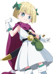 Rule 34 | 1girl, belt, black belt, blonde hair, blunt bangs, bow, bright pupils, cape, closed mouth, dragon quest, dragon quest v, dress, gloves, green bow, hair bow, hero&#039;s daughter (dq5), ixy, long hair, looking at viewer, purple cape, short hair, simple background, smile, solo, sword, weapon, white background, white dress, white gloves, white pupils