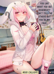 Rule 34 | 1girl, animal hood, black panties, blush, breasts, character name, closed mouth, commentary request, cup, dawapat, english text, french commentary, holding, holding cup, hololive, hololive english, hood, lingerie, lips, long hair, matching hair/eyes, medium breasts, mori calliope, nail polish, navel, panties, pink footwear, pink hair, pink nails, rabbit hood, red eyes, resolution mismatch, see-through, see-through shirt, solo, source smaller, traced, underwear, virtual youtuber