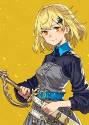 Rule 34 | 1girl, absurdres, belt, belt buckle, black shirt, blonde hair, blue belt, breasts, brown background, buckle, closed mouth, collared shirt, dress, grey dress, hair ornament, highres, holding, holding sheath, holding sword, holding weapon, kusano shinta, long sleeves, looking at viewer, medium breasts, original, red eyes, saber (weapon), sheath, shirt, smile, solo, strapless, strapless dress, sword, unsheathing, weapon