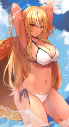 Rule 34 | 1girl, absurdres, armpits, arms up, bad id, bad pixiv id, bikini, blue sky, blush, breasts, cleavage, commentary request, dark-skinned female, dark skin, dax, hair between eyes, halterneck, highres, hololive, jewelry, large breasts, long hair, looking at viewer, multicolored hair, navel, necklace, outdoors, parted lips, red eyes, shiranui flare, side-tie bikini bottom, sky, smile, solo, stomach, streaked hair, string bikini, swimsuit, thigh strap, tsumeki, very long hair, virtual youtuber, white bikini, white hair