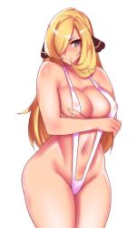 Rule 34 | 1girl, bare arms, bare shoulders, bikini, blonde hair, breasts, cleavage, closed mouth, cowboy shot, creatures (company), cynthia (pokemon), game freak, grey eyes, hair ornament, hair over one eye, hevn, large breasts, long hair, navel, nintendo, pokemon, pokemon dppt, simple background, slingshot swimsuit, solo, swimsuit, thick thighs, thighs, very long hair, white background, white bikini