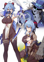 Rule 34 | annoyed, armor, armpits, arrow (projectile), bandaged arm, bandages, banssee, bare shoulders, bell, black bodysuit, blue hair, bodysuit, bow, bow (weapon), breasts, cleavage, clenched hand, collarbone, collared shirt, damaged, detached sleeves, ganyu (genshin impact), genshin impact, hat, highres, horns, impossible clothes, large breasts, long hair, nipple slip, nipples, on floor, on ground, purple eyes, shirt, sideboob, simple background, sitting, tagme, torn bodysuit, torn clothes, torn legwear, weapon, white background, white hair