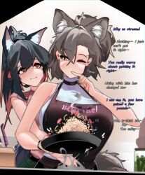 Rule 34 | 2girls, absurdres, animal ear fluff, animal ears, apron, arknights, bare shoulders, black apron, black hair, black nails, breasts, brown eyes, brown hair, clothes writing, commentary, english commentary, english text, food, fried rice, frying pan, grey hair, highres, indoors, large breasts, multicolored hair, multiple girls, nail polish, naxius noxy, one eye closed, penance (arknights), pink shirt, shirt, sleeveless, sleeveless shirt, texas (arknights), two-tone hair, white shirt