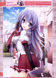Rule 34 | 1girl, :d, absurdres, arm warmers, bag, breasts, briefcase, cherry blossoms, diploma, highres, karory, light purple hair, medium breasts, open mouth, purple eyes, school bag, school briefcase, school uniform, short sleeves, skirt, smile