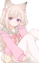 Rule 34 | 1girl, nanashi inc., animal ear fluff, animal ears, animare, bow, cardigan, expressionless, fox ears, highres, long hair, long sleeves, looking at viewer, miniskirt, off shoulder, open cardigan, open clothes, parted lips, pleated skirt, school uniform, serafuku, shirochimaki, shiromiya mimi, shirt, silver hair, sitting, skirt, sleeves past wrists, two side up, virtual youtuber