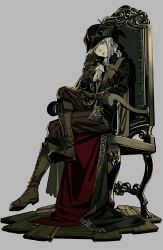 Rule 34 | 1girl, absurdres, ascot, bloodborne, boots, brooch, cape, chair, coat, ascot, gem, gloves, grey background, grey eyes, hand on own cheek, hand on own face, hand on own thigh, hat, hat feather, highres, jewelry, lady maria of the astral clocktower, crossed legs, long hair, looking at viewer, open mouth, ponytail, simple background, sitting, smile, solo, taisowbukurow, the old hunters, tricorne, white hair