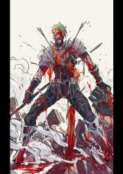 Rule 34 | 1boy, achilles (fate), armor, arrow (projectile), arrow in body, battle, black border, blood, blood on clothes, blood on face, border, dust cloud, fate/apocrypha, fate/grand order, fate (series), green hair, helmet, highres, holding, holding helmet, holding polearm, holding spear, holding weapon, male focus, manly, ogata tomio, polearm, solo, spear, weapon