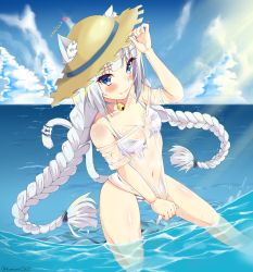 Rule 34 | 10s, 1girl, :3, animal ears, bare shoulders, bell, bikini, blue eyes, blue sky, blunt bangs, blush, braid, breasts, cat ears, cat tail, character name, choker, cloud, collarbone, commentary, commission, day, ears through headwear, hand on headwear, hat, highres, jingle bell, kaptivate, long hair, looking at viewer, navel, neck bell, nekopara, outdoors, see-through, shirt, sky, small breasts, solo, striped bikini, striped clothes, sun hat, swimsuit, tail, twin braids, vanilla (nekopara), very long hair, wading, water, wet, wet clothes, wet shirt, white choker