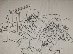 Rule 34 | 1boy, 1girl, aida kensuke, beard, bed, book, bottle, camping, couple, doll, evangelion: 3.0+1.0 thrice upon a time, facial hair, glasses, grin, hand rest, handheld game console, lamp, long hair, lying, neon genesis evangelion, pillow, rebuild of evangelion, smile, souryuu asuka langley, tablet, talking, tired, water bottle, yawning