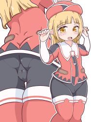 Rule 34 | 1boy, androgynous, ass, blonde hair, covered penis, covered testicles, elf, futoku no guild, highres, long hair, long sleeves, looking at viewer, noma rune, pointy ears, red headwear, ten101024, trap, yellow eyes