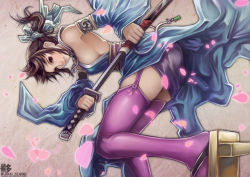 Rule 34 | 1girl, breasts, brown hair, detached sleeves, fighting stance, garter straps, hair ribbon, original, petals, ponytail, purple thighhighs, ready to draw, ribbon, sandals, scabbard, sheath, short hair, sideboob, skirt, solo, sword, thigh strap, thighhighs, weapon, wuduo