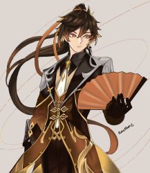 Rule 34 | 1boy, bad id, bad twitter id, black gloves, black hair, brown hair, closed mouth, collar, collared shirt, earrings, folding fan, formal, genshin impact, gloves, hair between eyes, hand fan, highres, holding, jacket, jewelry, long hair, long sleeves, male focus, multicolored hair, ponytail, runemoon, shirt, simple background, single earring, solo, suit, yellow eyes, zhongli (genshin impact)
