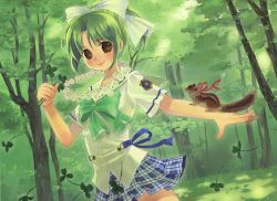 Rule 34 | 1girl, absurdres, blue ribbon, blue skirt, bow, bowtie, brown eyes, closed mouth, clover, forest, green bow, green bowtie, green hair, green shirt, green theme, hair bow, hand up, highres, holding, jewelry, kuga tsukasa, looking at viewer, nature, necklace, pleated skirt, ponytail, red ribbon, ribbon, shirt, short hair, short sleeves, skirt, smile, solo, squirrel, standing, tooyama midori, yoake mae yori ruri iro na