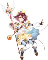 Rule 34 | 1girl, asymmetrical clothes, atelier (series), atelier sophie, blue flower, blue rose, breasts, brown eyes, brown hair, female focus, flask, flower, full body, gloves, hair flower, hair ornament, hat, navel, noco (adamas), official art, rose, shoes, short hair, shorts, single glove, small breasts, smile, solo, sophie neuenmuller, staff, thighhighs, transparent background, weapon, white background, white thighhighs, wrist cuffs