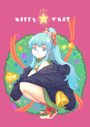 Rule 34 | 1girl, bell, black coat, blue eyes, blue hair, bow, christmas, closed mouth, coat, commentary, dress, english commentary, english text, from side, green dress, green socks, hair bow, halter dress, halterneck, happinesscharge precure!, jj (ssspulse), long hair, long sleeves, looking at viewer, merry christmas, neck bell, off shoulder, ponytail, precure, red bow, red footwear, red socks, shirayuki hime, shoes, short dress, smile, sneakers, socks, solo, squatting, star (symbol), striped clothes, striped socks, turtleneck, turtleneck dress, wreath