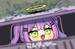 Rule 34 | 1girl, :3, chibi, fang, grate, green eyes, hair ornament, hairclip, halo, hololive, it (stephen king), long hair, open mouth, parody, pointy ears, purple hair, sewer, sewer grate, smile, solo, storm drain, tokoyami towa, twintails, virtual youtuber, yasashi v