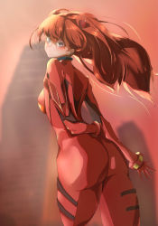 Rule 34 | 1girl, absurdres, artist request, ass, blue eyes, bodysuit, breasts, brown hair, city, closed mouth, cowboy shot, curvy, gloves, hair between eyes, headgear, highres, huge ass, long hair, looking at viewer, looking back, looking to the side, medium breasts, neon genesis evangelion, outdoors, pilot suit, plugsuit, red bodysuit, shiny clothes, skin tight, sky, solo, souryuu asuka langley, standing, turtleneck, two side up, very long hair, wide hips