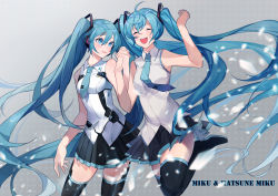 Rule 34 | 2girls, absurdres, bare shoulders, black legwear, black skirt, blue eyes, blue hair, blue neckwear, blush, character name, chinese commentary, commentary, cowboy shot, detached sleeves, dual persona, closed eyes, frame arms girl, hair ornament, holding hands, hands up, hatsune miku, headphones, highres, leg up, long hair, multiple girls, necktie, shirt, skirt, sleeveless, sleeveless shirt, smile, thighhighs, twintails, very long hair, vocaloid, white shirt, yayako (804907150), zettai ryouiki