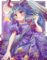 Rule 34 | !, 1girl, absurdres, ambiguous red liquid, animal ears, blue dress, blue hair, blush, commentary, crescent print, dress, full moon, hayashida chiyo, highres, holding, kine, long hair, looking at viewer, low twintails, mallet, moon, rabbit ears, rabbit girl, red eyes, seiran (touhou), short sleeves, smile, solo, star (symbol), star print, touhou, twintails, upper body