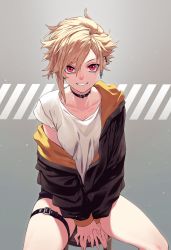 Rule 34 | 1girl, absurdres, blonde hair, collar, earrings, highres, jacket, jewelry, looking at viewer, original, red eyes, reiga (act000), short hair, short shorts, shorts, smile, solo, thigh strap, tomboy
