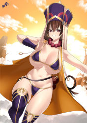 Rule 34 | 1girl, bare shoulders, bead necklace, beads, bikini, breasts, bridal gauntlets, brown hair, cleavage, detached sleeves, earrings, fate/grand order, fate (series), hair between eyes, hat, highres, hoop earrings, jewelry, kurozawa yui, large breasts, long hair, looking at viewer, necklace, prayer beads, purple bikini, purple eyes, purple hat, purple thighhighs, swimsuit, thighhighs, thighs, vest, xuangzang sanzang (fate), yellow vest
