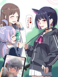 Rule 34 | 3girls, absurdres, airi (blue archive), black hair, blue archive, brown hair, cellphone, closed eyes, collar, colored inner hair, day, fellatio, halo, highres, holding, holding phone, kazusa (blue archive), long hair, long sleeves, looking at viewer, multicolored hair, multiple girls, open mouth, oral, outdoors, phone, pink hair, pleated skirt, pov, purple hair, reisa (blue archive), shin&#039;yashiki, skirt, smartphone, smile, speech bubble, standing, twintails, white skirt