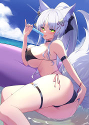 Rule 34 | 1girl, :p, absurdres, animal ears, arm strap, ass, bare shoulders, bikini, black bikini, blush, cocoablue23, food, fox ears, fox tail, green eyes, hair ornament, highres, inari enju, indie virtual youtuber, long hair, looking at viewer, lying, on side, outdoors, ponytail, popsicle, side-tie bikini bottom, skindentation, sky, solo, swimsuit, tail, thigh strap, thighs, tongue, tongue out, virtual youtuber, water, wet, white hair