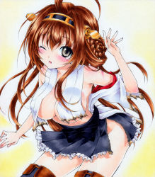 Rule 34 | 10s, 1girl, ahoge, bare shoulders, blush, boots, breasts, brown hair, burnt clothes, cleavage, female focus, hairband, kantai collection, kongou (kancolle), large breasts, long hair, marker (medium), millipen (medium), miniskirt, nontraditional miko, one eye closed, open mouth, pastel (medium), ren (endscape20), skirt, solo, tears, thigh boots, thighhighs, torn clothes, torn skirt, traditional media, yellow background