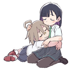 Rule 34 | 2girls, ahoge, bandaid, bandaid on face, bandaid on nose, black hair, black pantyhose, blue skirt, blush stickers, bob cut, brown hair, closed eyes, colored inner hair, commentary, cuddling, do it yourself!!, full body, green necktie, hair between eyes, hand on another&#039;s arm, hand on another&#039;s head, hug, kneeling, loafers, lying on person, multicolored hair, multiple girls, necktie, pantyhose, pleated skirt, purple hair, school uniform, shirt, shoes, short hair, short sleeves, sketch, skirt, suride miku, tsubobot, uwabaki, waist hug, white background, white shirt, yua serufu, yuri