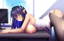 Rule 34 | 1girl, black hair, black pantyhose, blue archive, blue eyes, breasts, colored inner hair, eyeliner, fi-san, from side, glasses, halo, huge breasts, looking back, makeup, monitor, multicolored hair, nipples, pantyhose, pointy ears, rin (blue archive), smile, sweat, torn clothes, torn pantyhose