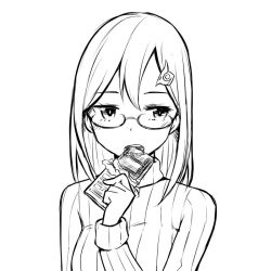 Rule 34 | 1girl, blush, chocolate, eating, glasses, greyscale, lineart, monochrome, open mouth, simple background, solo, upper body, white background, zaxwu